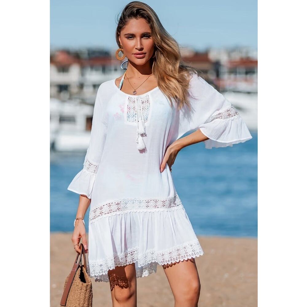 Cupshe Daydreamer Ruffled Swim Cover-up Dress Small Boho Tassles Coastal Beachy